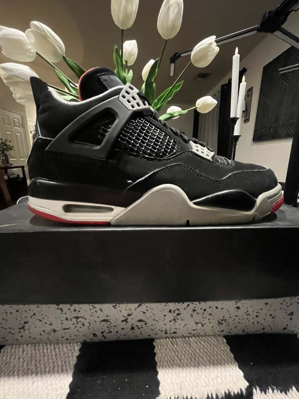 2019 Nike Air Jordan 4 Retro OG Bred Black Red 308497-060 Men's Sz 8